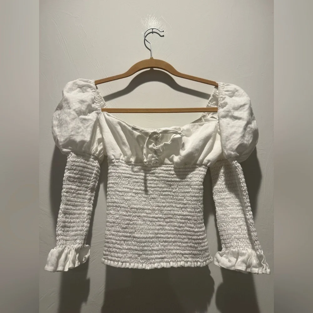 Reformation - Haven Top - 100% Linen - White Puff Sleeve Blouse